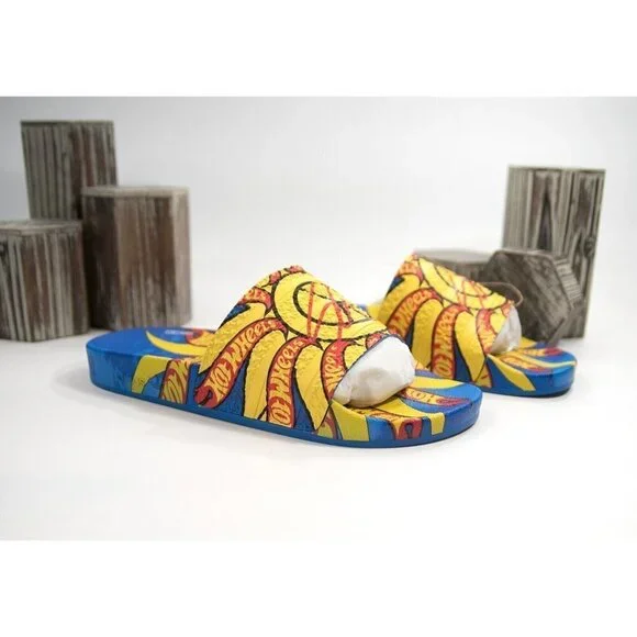Adidas x Hot Wheels Blue Yellow Logo Monogram Pool Slides Shoes Mens 11 NIB - Picture 3 of 12